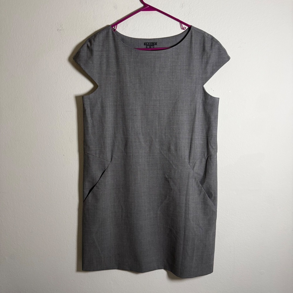 Theory‎ Womens Grey Wool Blend Cap Sleeve Shift Dress Size 12 Boat Neck Pockets